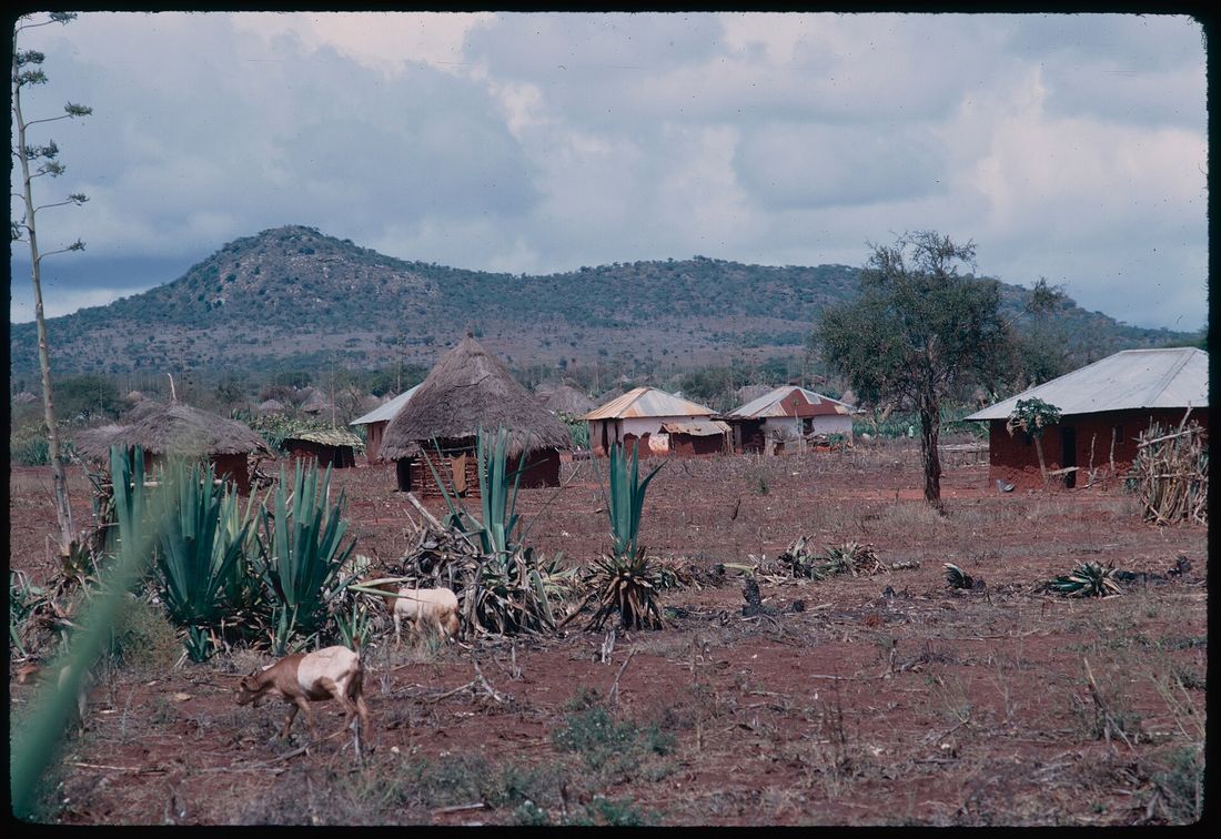 Voi town centre seen from above, with the Taita Hills behind